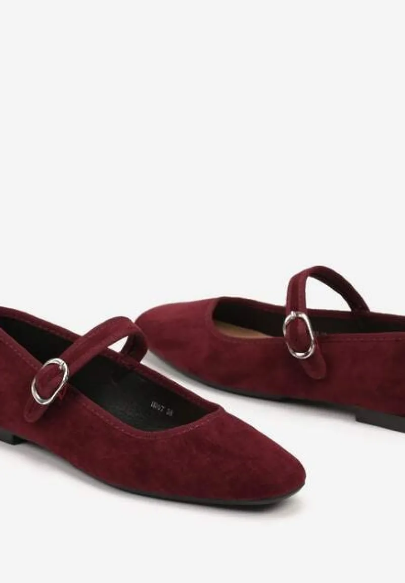Bordowe Balerinki o Kwadratowym Nosku w Stylu Mary Jane z Paseczkiem Naiva