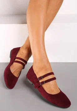 Bordowe Balerinki o Kwadratowym Nosku z Paskami i Eleganckimi Klamerkami Nailan