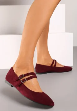 Bordowe Balerinki o Kwadratowym Nosku z Paskami i Eleganckimi Klamerkami Nailan