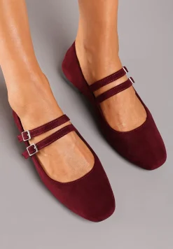 Bordowe Balerinki o Kwadratowym Nosku z Paskami i Eleganckimi Klamerkami Nailan