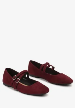 Bordowe Balerinki o Kwadratowym Nosku z Paskami i Eleganckimi Klamerkami Nailan