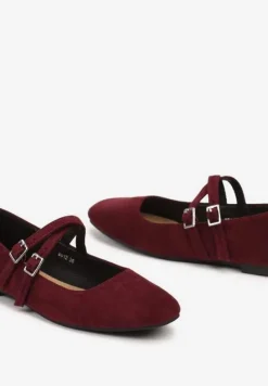 Bordowe Balerinki o Kwadratowym Nosku z Paskami i Eleganckimi Klamerkami Nailan