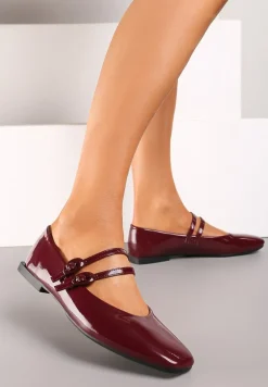Bordowe Balerinki Płaskie Lakierowane z Paskami na Sprzączkę i Kwadratowym Noskiem Mailene