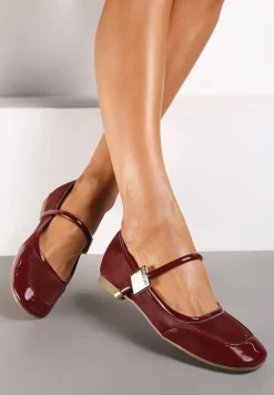 Bordowe Balerinki ze Wstawkami ze Skóry Naturalnej o Lakierowanym Połysku ze Sprzączką Alvitta