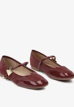 Bordowe Balerinki ze Wstawkami ze Skóry Naturalnej o Lakierowanym Połysku ze Sprzączką Alvitta