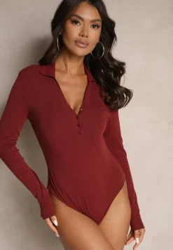 Bordowe Body z Bawełny o Koszulowym Kroju Longsleeve Raviriel
