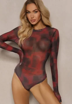 Bordowe Body z Siateczki z Długimi Rękawami i Wzorem Tie-Dye Itavia