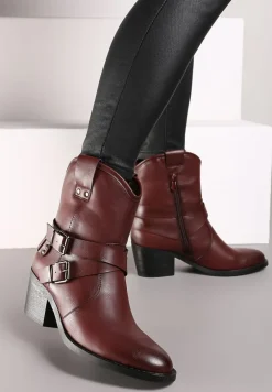 Bordowe Botki Kowbojki na Stożku Ozdobione Klamrami Merinella