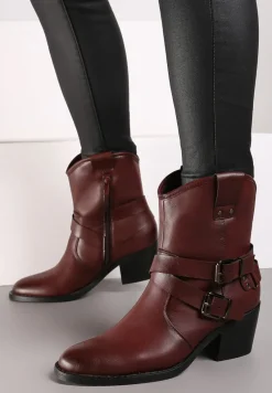 Bordowe Botki Kowbojki na Stożku Ozdobione Klamrami Merinella