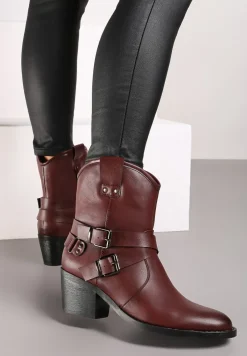 Bordowe Botki Kowbojki na Stożku Ozdobione Klamrami Merinella