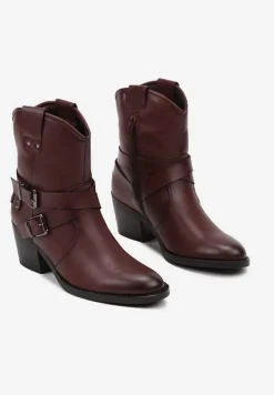 Bordowe Botki Kowbojki na Stożku Ozdobione Klamrami Merinella