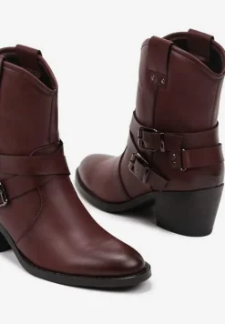 Bordowe Botki Kowbojki na Stożku Ozdobione Klamrami Merinella