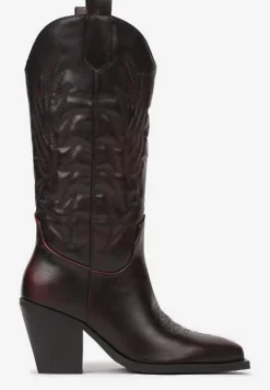 Bordowe Botki Kowbojki na Słupku z Tłoczoną Cholewką Teminora