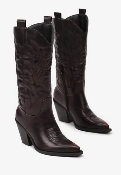 Bordowe Botki Kowbojki na Słupku z Tłoczoną Cholewką Teminora