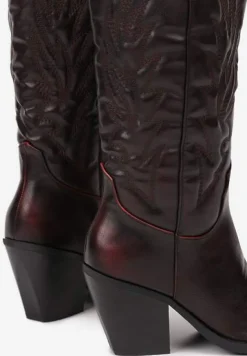 Bordowe Botki Kowbojki na Słupku z Tłoczoną Cholewką Teminora