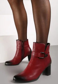 Bordowe Botki na Obcasie Typu Słupek z Klamrą Eriscelia