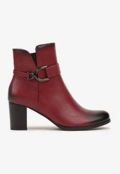 Bordowe Botki na Obcasie Typu Słupek z Klamrą Eriscelia