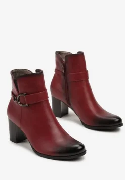 Bordowe Botki na Obcasie Typu Słupek z Klamrą Eriscelia