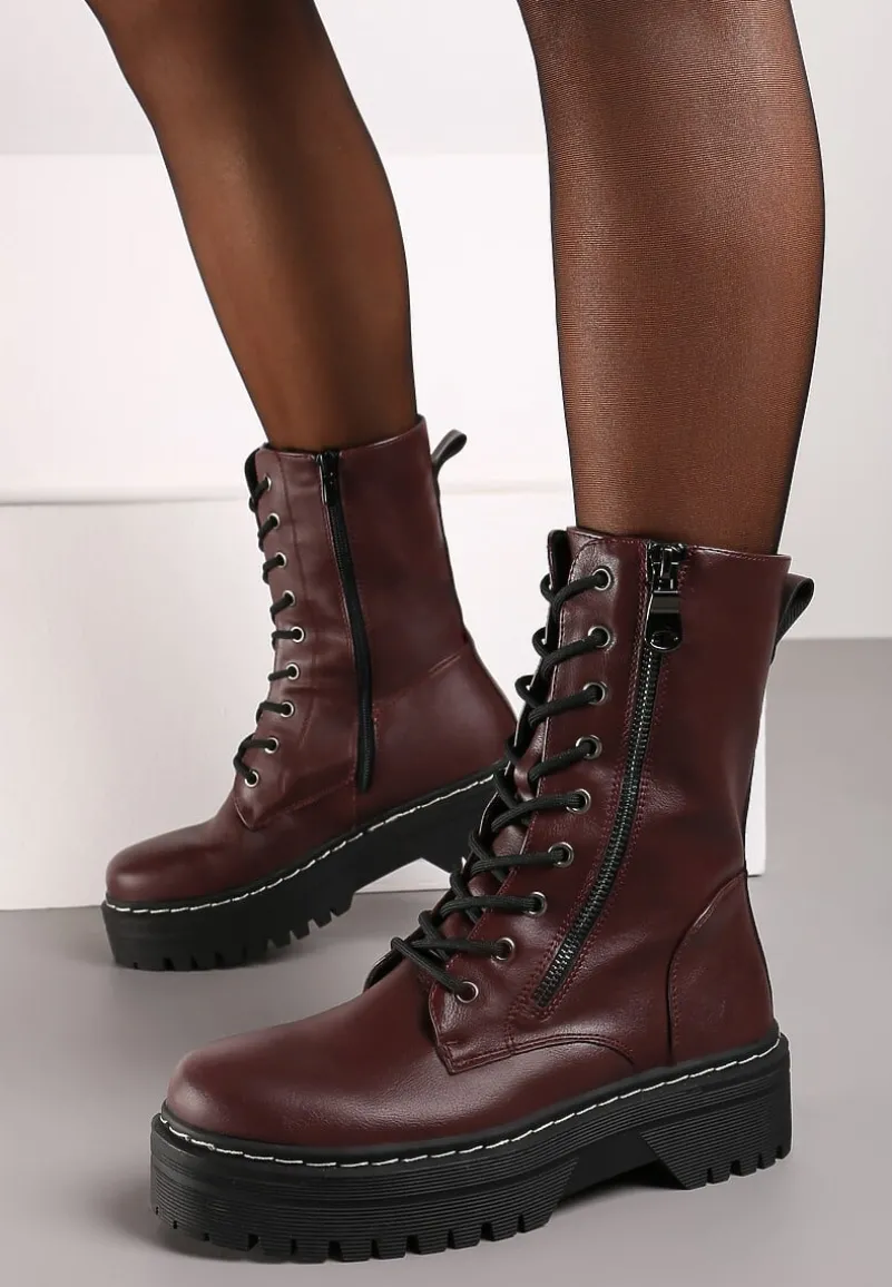 Bordowe Botki Workery na Grubej Podeszwie Ozdobione Dodatkowym Suwakiem Tiriary