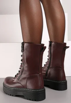 Bordowe Botki Workery na Grubej Podeszwie Ozdobione Dodatkowym Suwakiem Tiriary