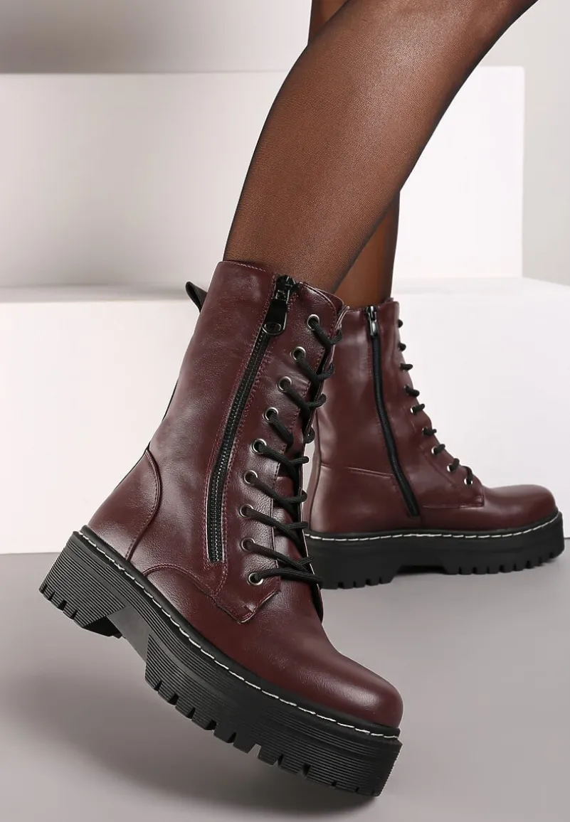 Bordowe Botki Workery na Grubej Podeszwie Ozdobione Dodatkowym Suwakiem Tiriary