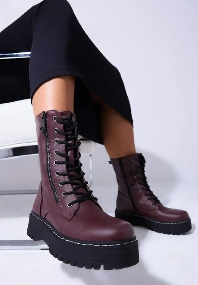 Bordowe Botki Workery na Grubej Podeszwie Ozdobione Dodatkowym Suwakiem Tiriary