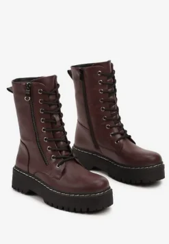 Bordowe Botki Workery na Grubej Podeszwie Ozdobione Dodatkowym Suwakiem Tiriary