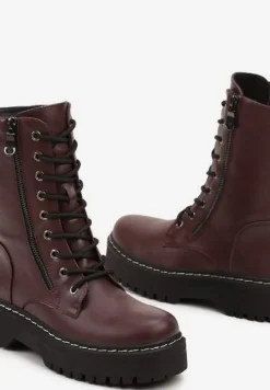Bordowe Botki Workery na Grubej Podeszwie Ozdobione Dodatkowym Suwakiem Tiriary