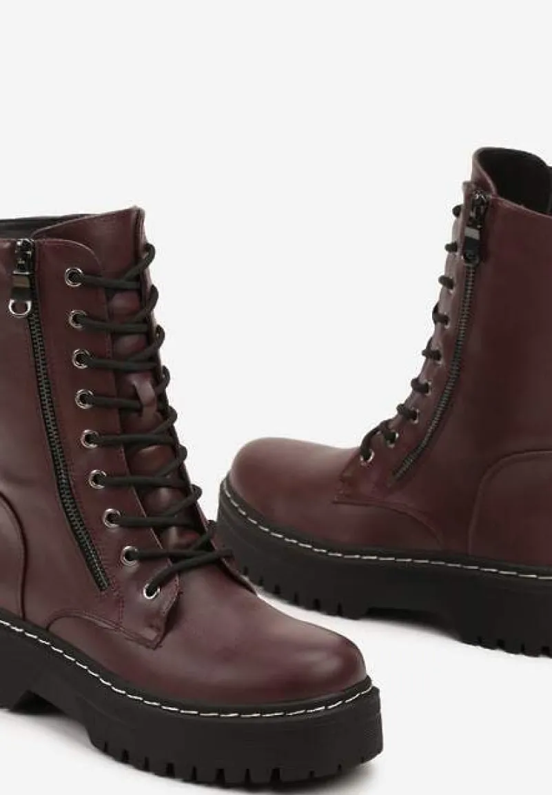 Bordowe Botki Workery na Grubej Podeszwie Ozdobione Dodatkowym Suwakiem Tiriary