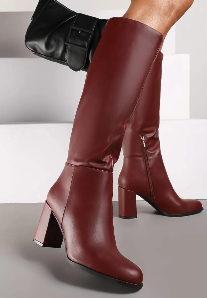 Bordowe Casualowe Kozaki na Słupku Zindelina