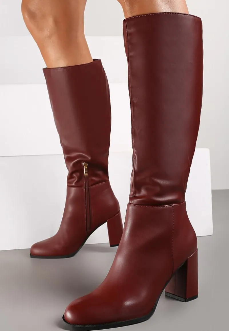 Bordowe Casualowe Kozaki na Słupku Zindelina