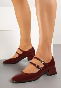 Bordowe Czółenka Lakierowane na Słupku z Paskami na Sprzączki Omeisa