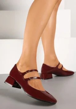 Bordowe Czółenka Lakierowane na Słupku z Paskami na Sprzączki Omeisa