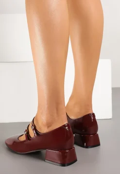 Bordowe Czółenka Lakierowane na Słupku z Paskami na Sprzączki Omeisa