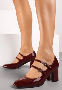 Bordowe Czółenka Lakierowane na Słupku Ozdobione Paskami i kwadratowym Noskiem Jalabine