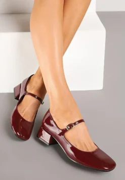Bordowe Czółenka o Lakierowanym Połysku na Niskim Obcasie z Paskiem i Klamerką Karzina