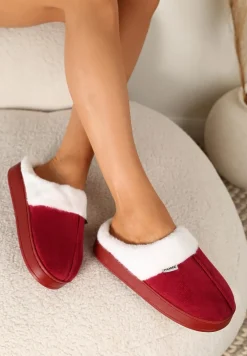 Bordowe Kapcie na Płaskiej Podeszwie z Futerkiem Lerivena