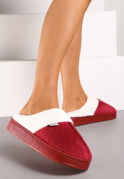 Bordowe Kapcie na Płaskiej Podeszwie z Futerkiem Lerivena