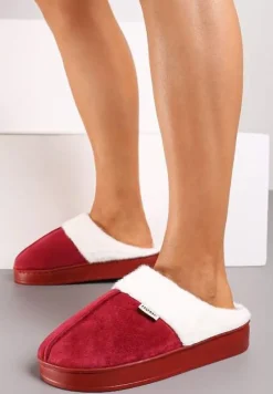 Bordowe Kapcie na Płaskiej Podeszwie z Futerkiem Lerivena