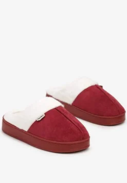 Bordowe Kapcie na Płaskiej Podeszwie z Futerkiem Lerivena