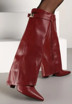 Bordowe Kozaki na Obcasie z Modnie Wywiniętą Cholewką Nartani