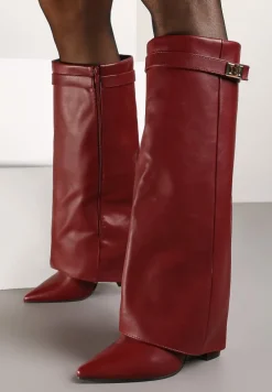 Bordowe Kozaki na Obcasie z Modnie Wywiniętą Cholewką Nartani