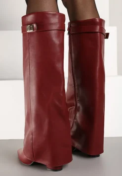 Bordowe Kozaki na Obcasie z Modnie Wywiniętą Cholewką Nartani