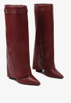 Bordowe Kozaki na Obcasie z Modnie Wywiniętą Cholewką Nartani