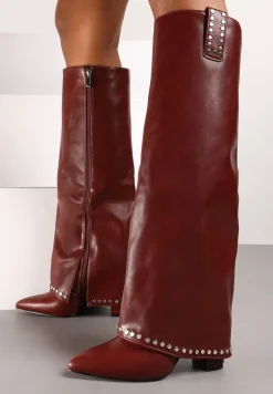 Bordowe Kozaki na Słupku Ozdobione Nitami i Wywiniętą Cholewką Verien