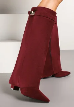 Bordowe Kozaki na Słupku z Wywiniętą Cholewką i Klamerką Upaxa