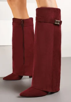 Bordowe Kozaki na Słupku z Wywiniętą Cholewką i Klamerką Upaxa