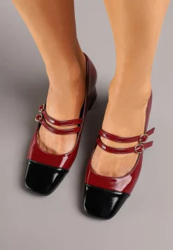 Bordowe Lakierowane Czółenka na Obcasie z Kwadratowym Noskiem i Podwójnym Paskiem Rearielith