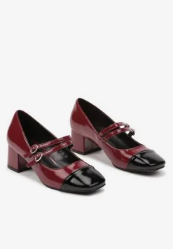 Bordowe Lakierowane Czółenka na Obcasie z Kwadratowym Noskiem i Podwójnym Paskiem Rearielith