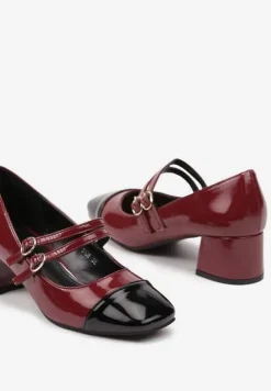 Bordowe Lakierowane Czółenka na Obcasie z Kwadratowym Noskiem i Podwójnym Paskiem Rearielith